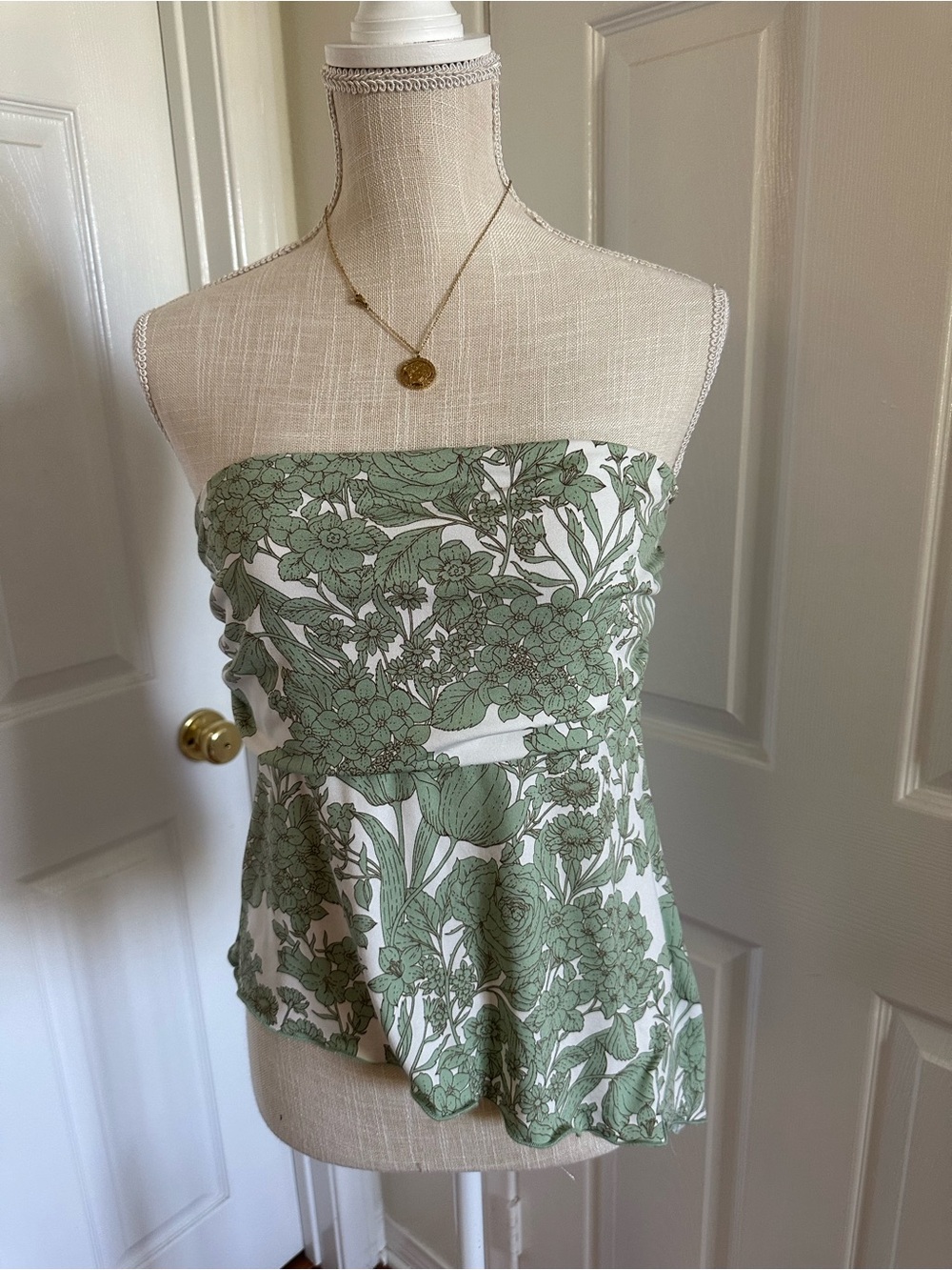 Asymmetrical Strapless Floral Peplum Top in Sage and White